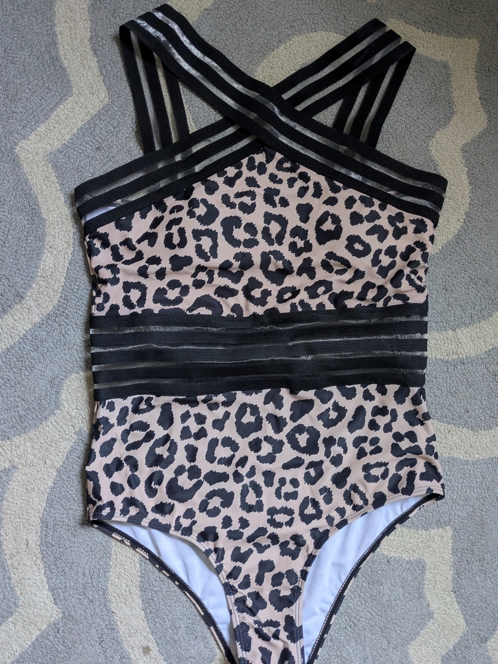 Leopard Print One-Piece Swimsuit with Black Straps
